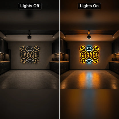 Garage Crossed Wrenches And Gear LED Neon Sign Home Bar Wall Decoration day and night comparison