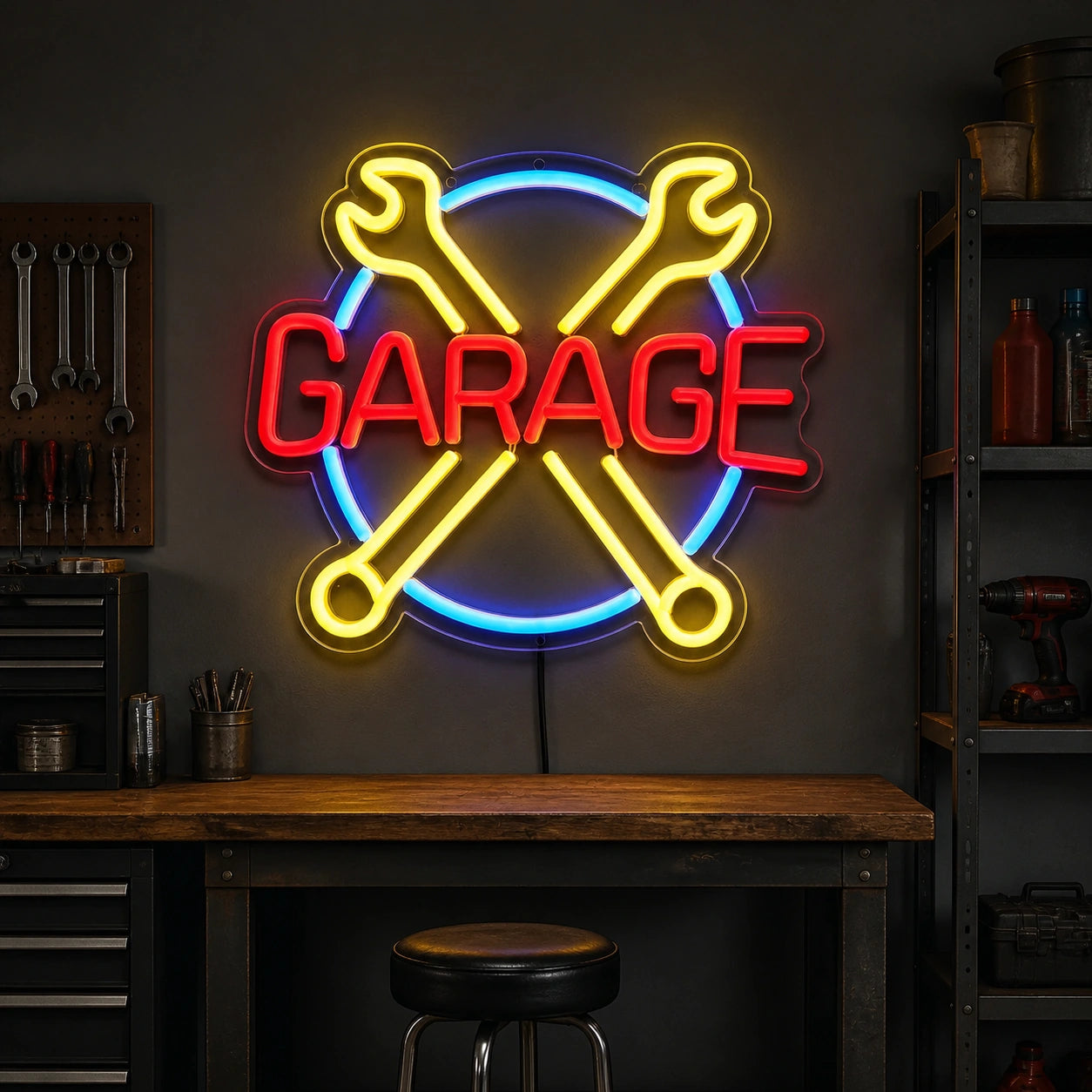 Garage Crossed Wrenches Circle Vintage LED Neon Sign size image