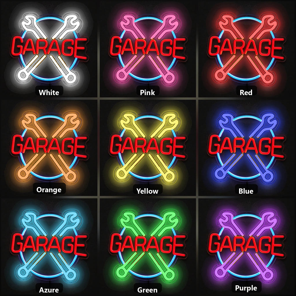 Garage Crossed Wrenches Circle Vintage LED Neon Sign color grid