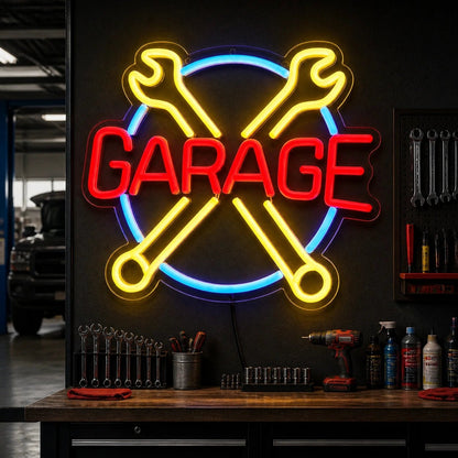 Garage Crossed Wrenches Circle Vintage LED Neon Sign - Shineneon