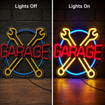 Garage Crossed Wrenches LED Neon Sign day and night comparison