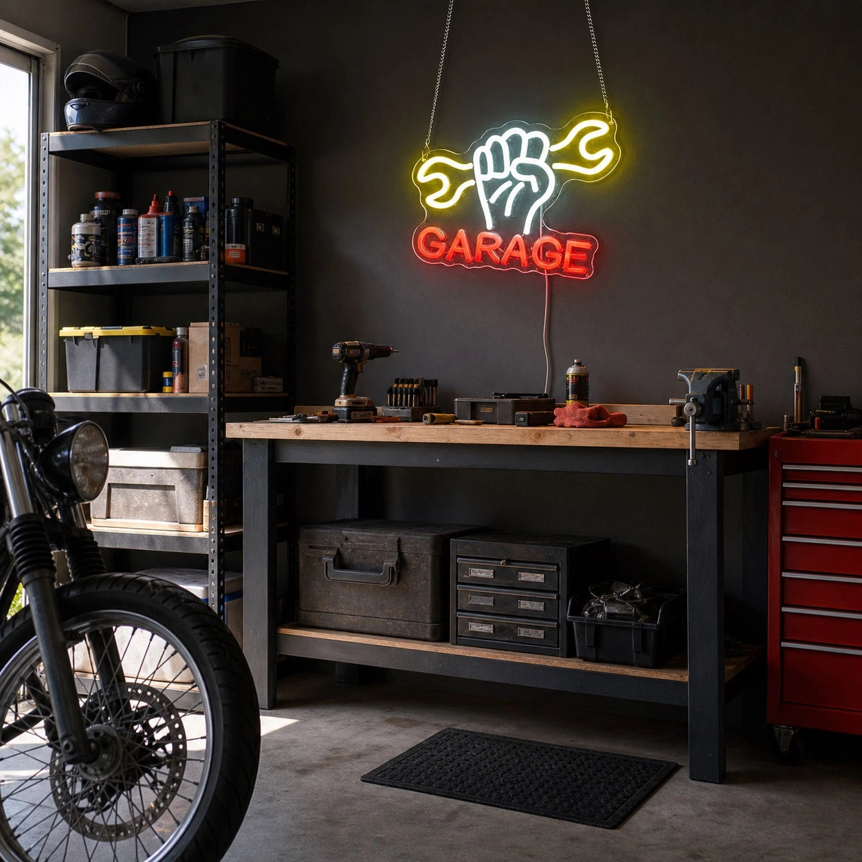 Garage Fist And Two Wrenches LED Neon Sign real lifestyle scene