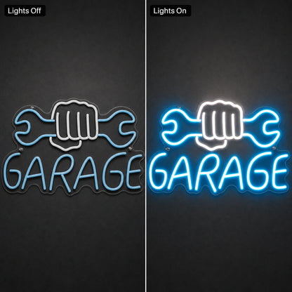 Garage Fist Holding Wrenches LED Neon Sign day and night comparison