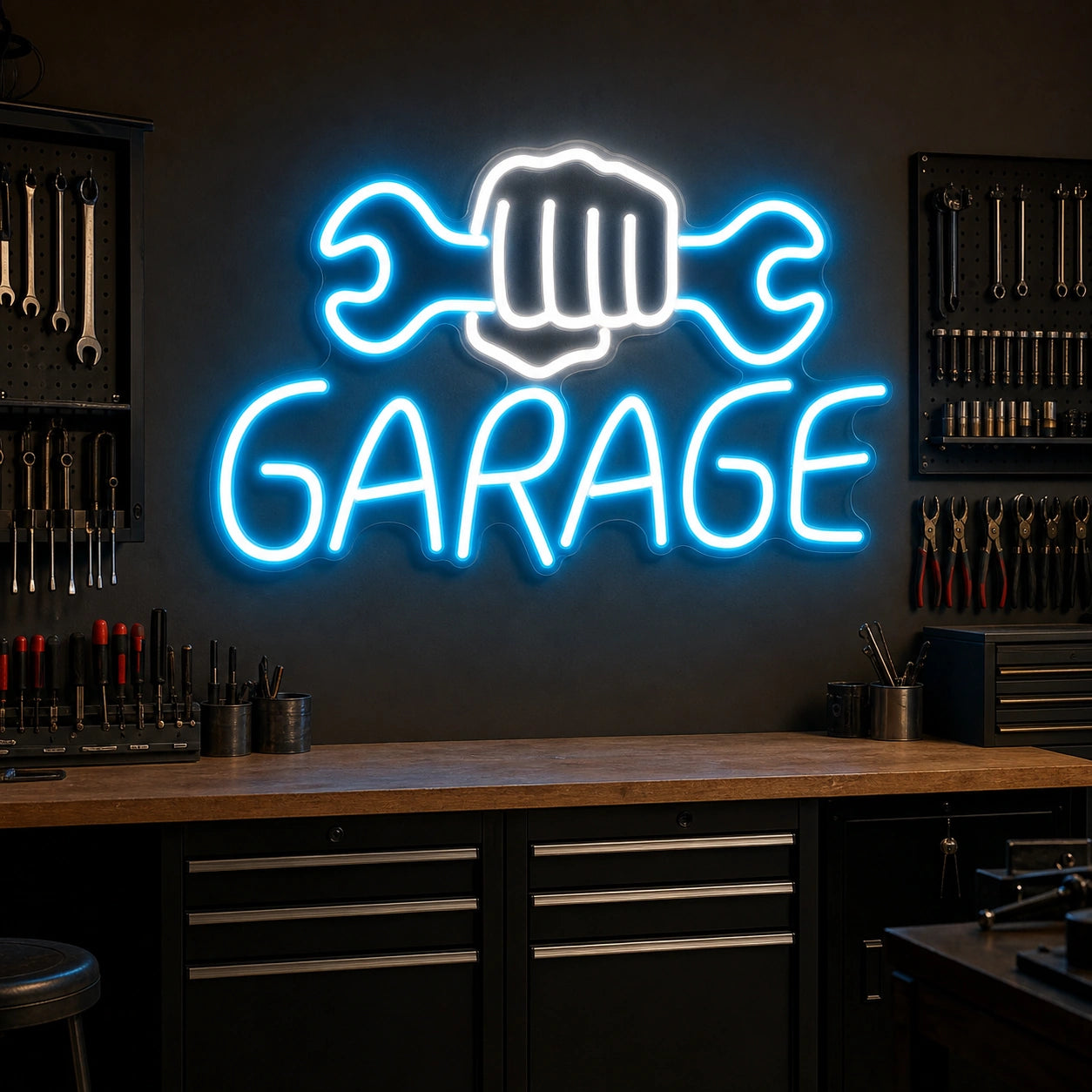 Garage Fist Holding Wrenches LED Neon Sign Home Bar Wall Decoration real lifestyle scene