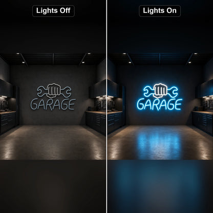 Garage Fist Holding Wrenches LED Neon Sign Home Bar Wall Decoration day and night comparison