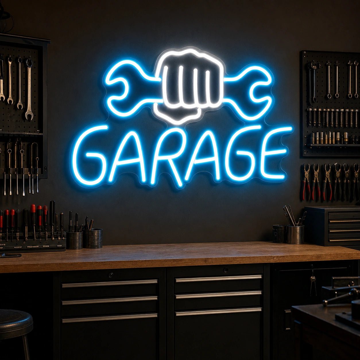 Garage Fist Holding Wrenches LED Neon Sign Home Garage Wall Decoration - Shineneon