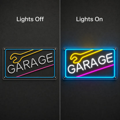 Garage Wrench Frame LED Neon Sign day and night comparison
