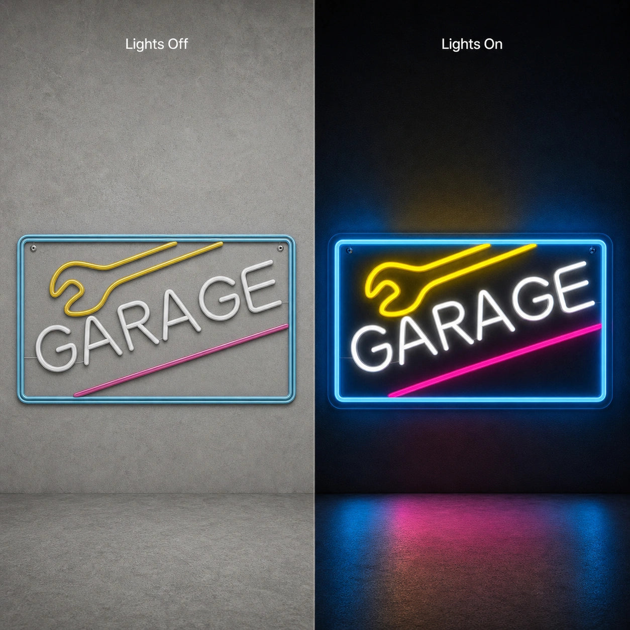 Garage Wrench Frame LED Neon Sign Garage Neon Sign day and night comparison