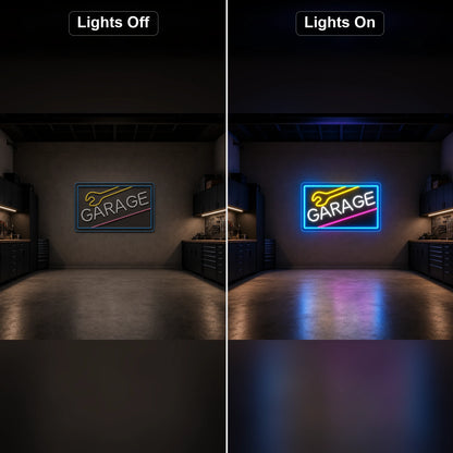 Garage Wrench Frame LED Neon Sign Home Bar Wall Decoration day and night comparison