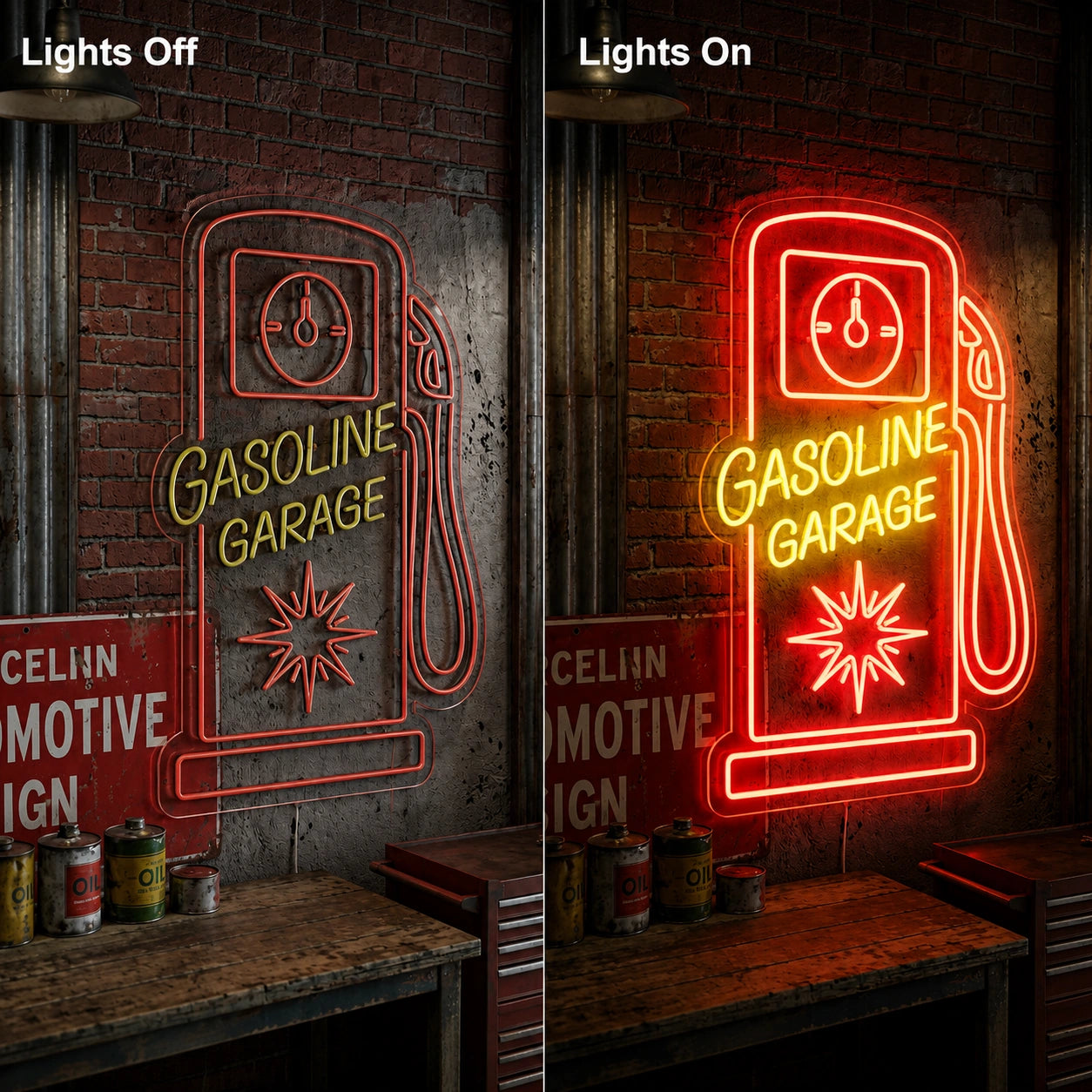 Gas Station Garage Neon Sign LED Neon Sign day and night comparison