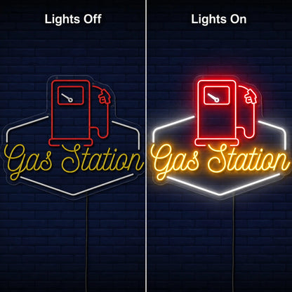 Gas Station Pump Neon Sign LED Neon Sign day and night comparison