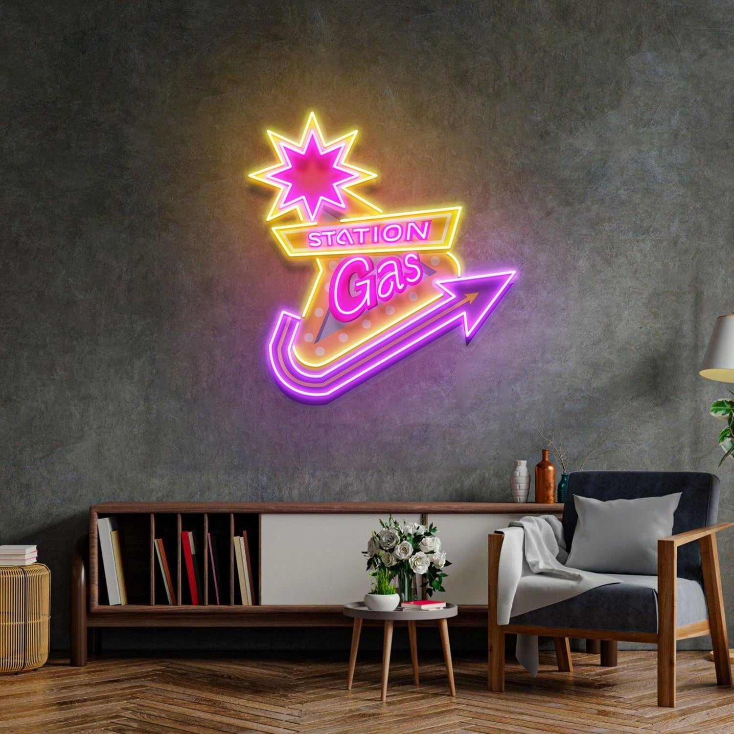 Gas Station Star Arrow Uv Printed Led Neon Sign For Retro Indoor Cafe Bar Decor | Shineneon