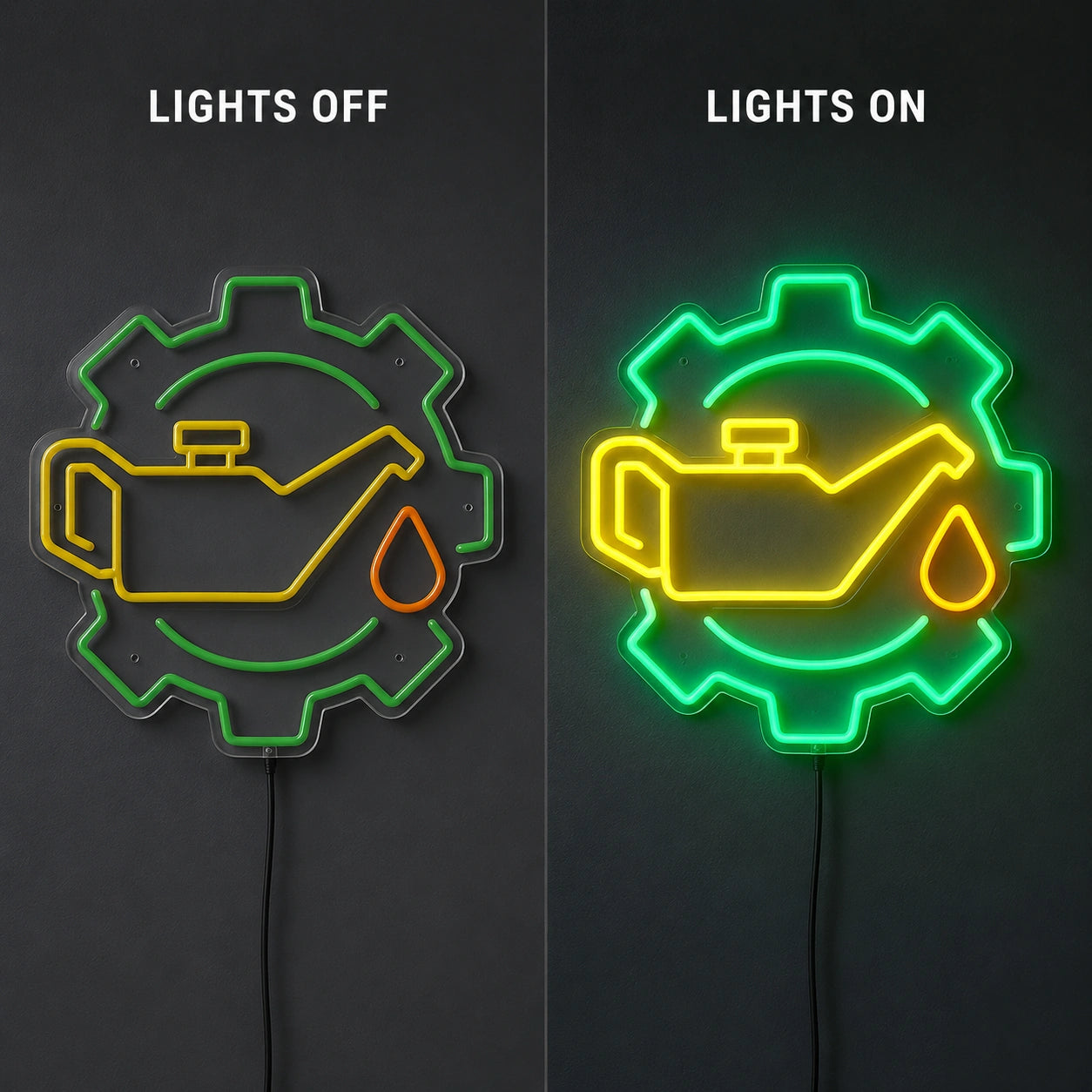 Gear Oil Can Neon Sign LED Neon Sign day and night comparison