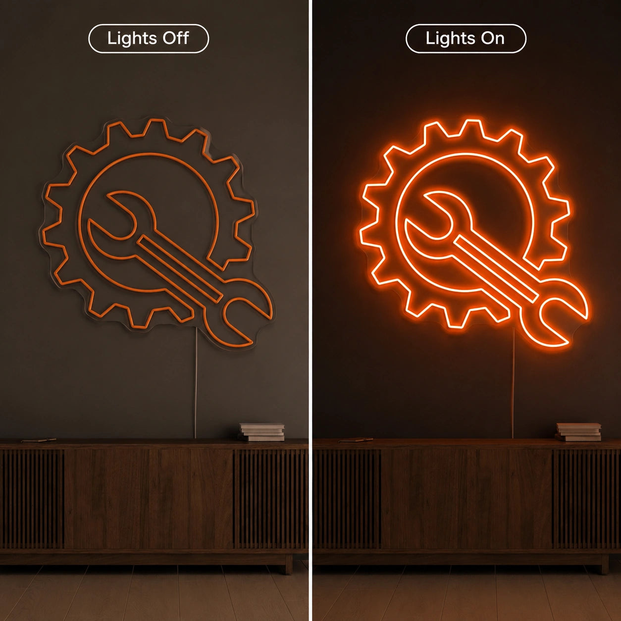 Gear Wrench Neon Sign LED Neon Sign day and night comparison