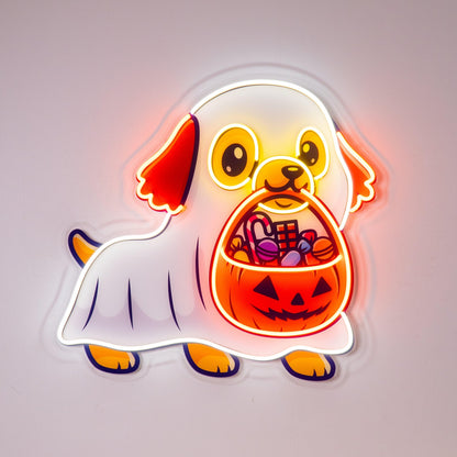 Ghost Dog With Pumpkin Candy Uv Printed Led Neon Sign For Halloween Indoor Decor | Shineneon