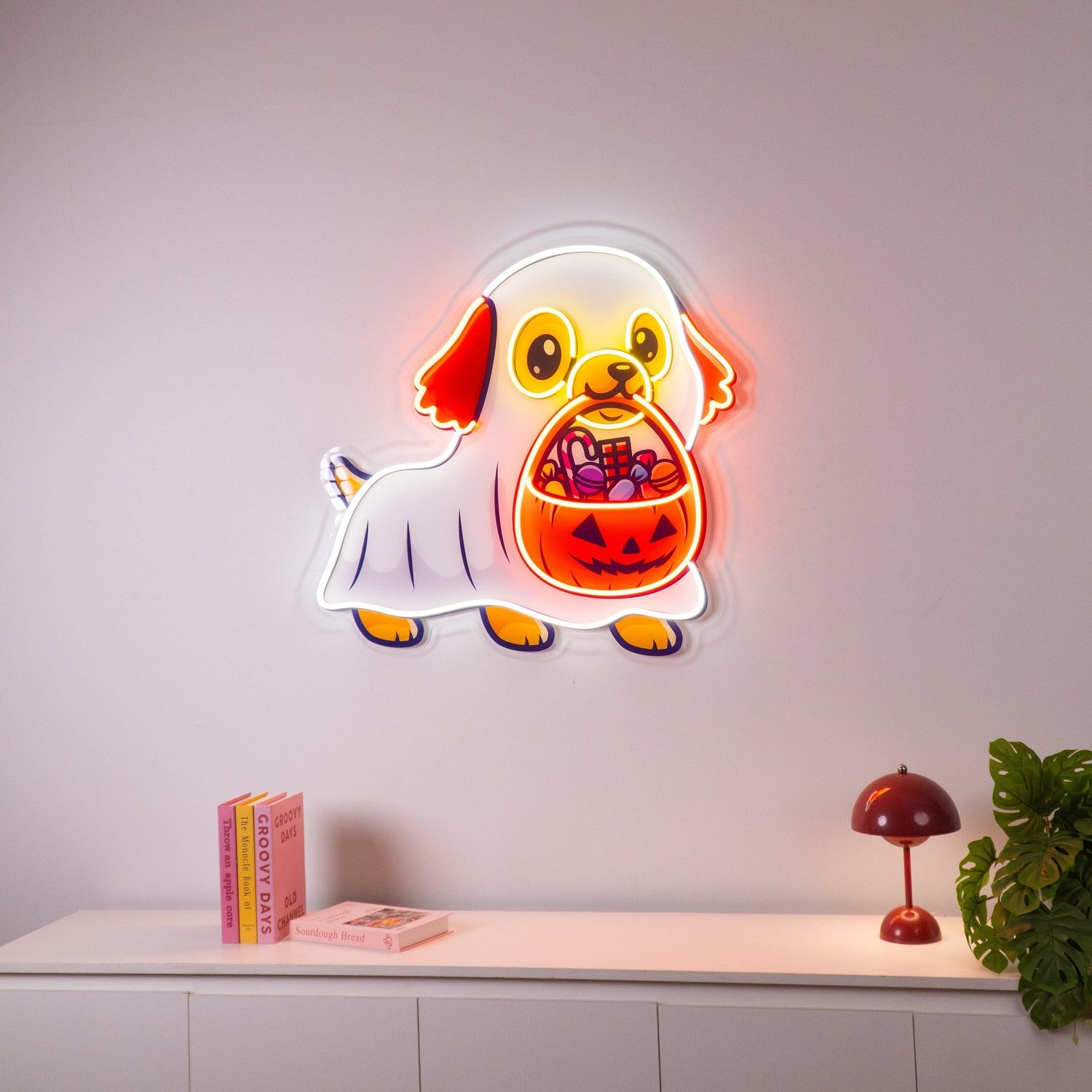 Ghost Dog With Pumpkin Candy Uv Printed Led Neon Sign For Halloween Indoor Decor | Shineneon