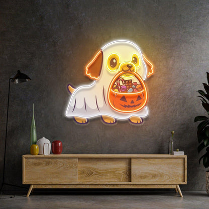 Ghost Dog With Pumpkin Candy Uv Printed Led Neon Sign For Halloween Indoor Decor | Shineneon