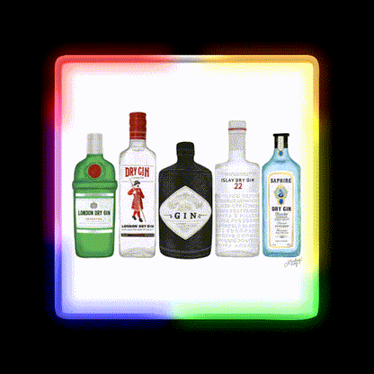 Gin Bottles Illustration Cocktail Bar Decor Led Neon Sign Rgb Color - LED neon sign close-up detail