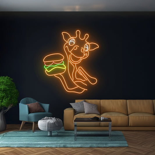 Giraffe Eating Burger Neon Sign Wall Decor