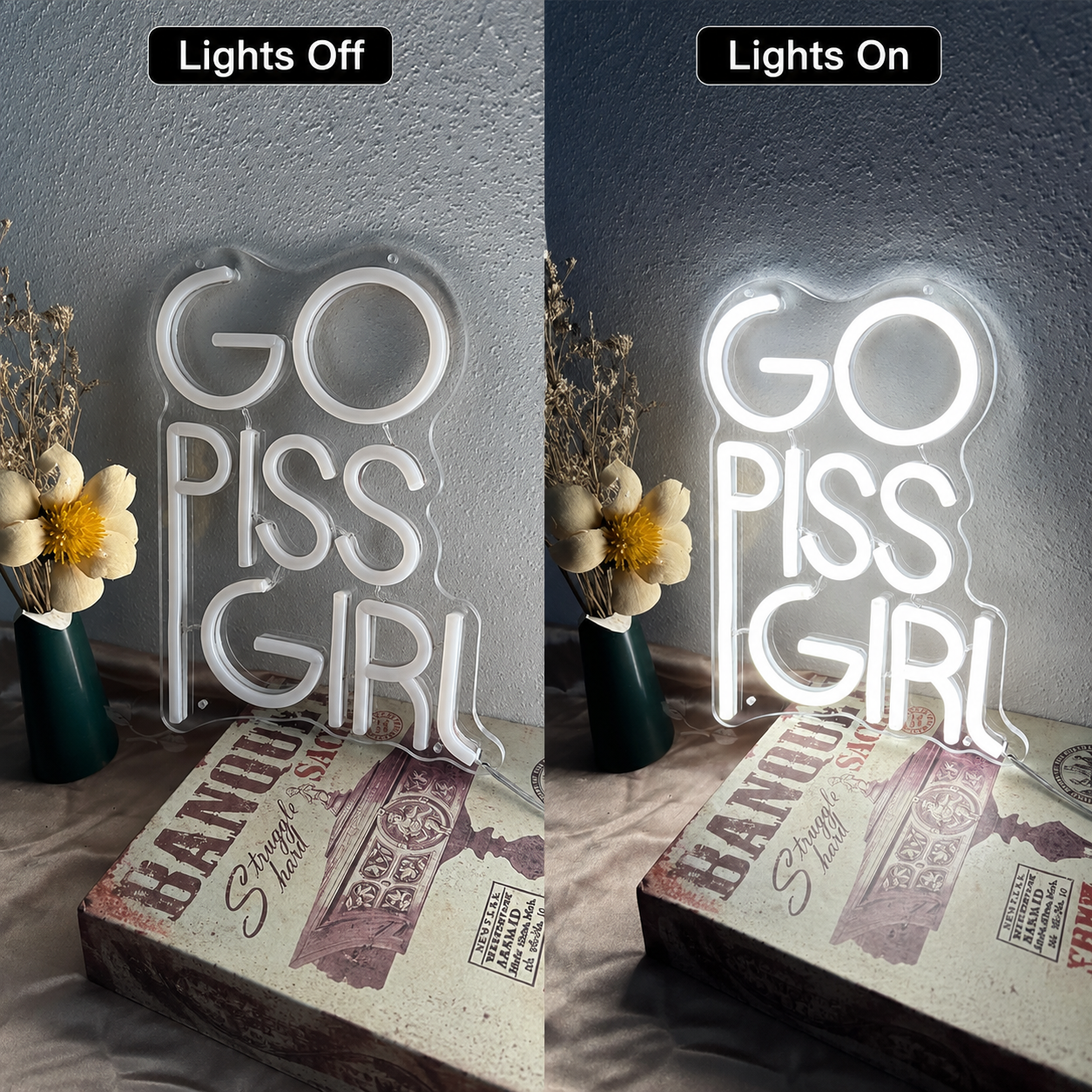 Go Piss Girl LED Neon Sign - 06 Day Night Comparison