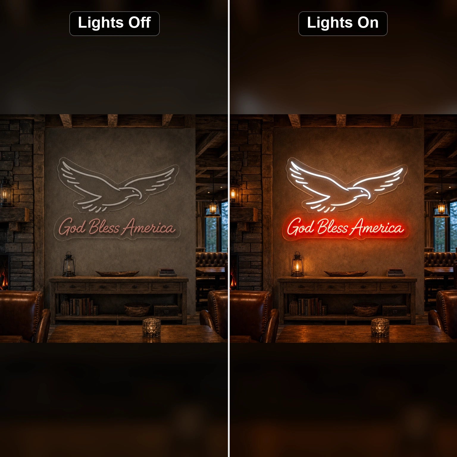 God Bless America Eagle LED Neon Sign Home Bar Wall Decoration day and night comparison