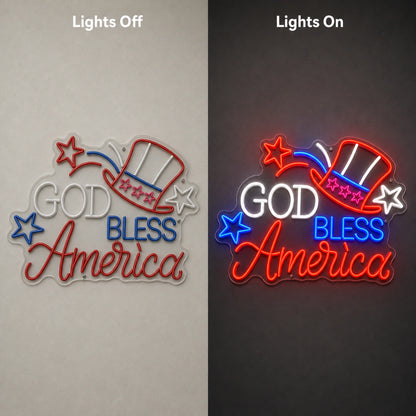 God Bless America Uncle Sam Hat LED Neon Sign day and night comparison
