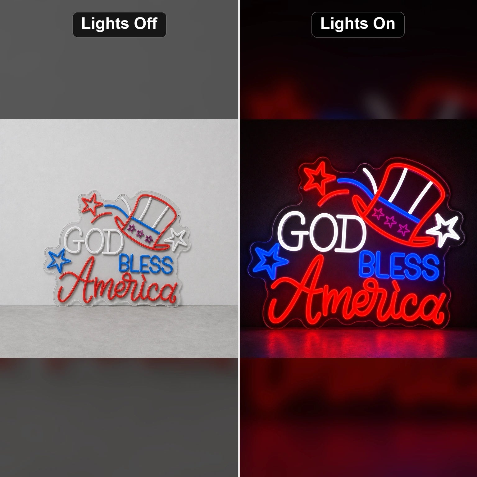 God Bless America Uncle Sam Hat LED Neon Sign Garage Neon Sign day and night comparison