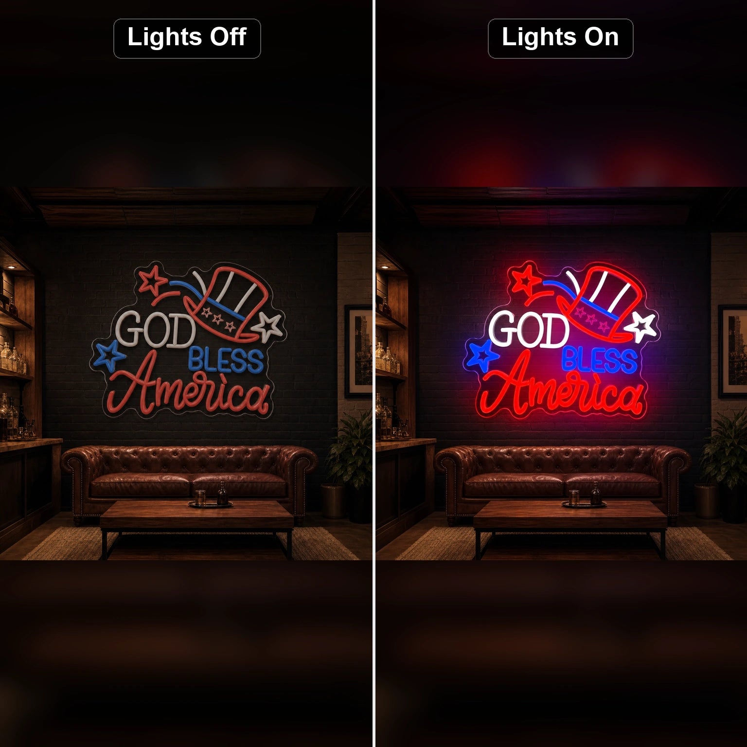 God Bless America Uncle Sam Hat LED Neon Sign Home Bar Wall Decoration day and night comparison