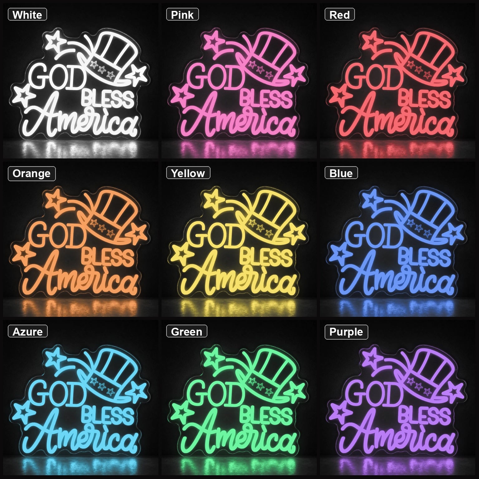 God Bless America Uncle Sam Hat LED Neon Sign Man Cave Neon Sign color grid