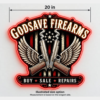 Godsave Firearms Custom LED Neon Sign | 9ecf7b37448ba04cd06e9da5ba83edd1c619b73e969ea82ae0edcda7b30a7d3c | dimensions