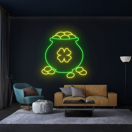 Gold Cauldron Neon Sign 4 Leaf Clover Neon Light