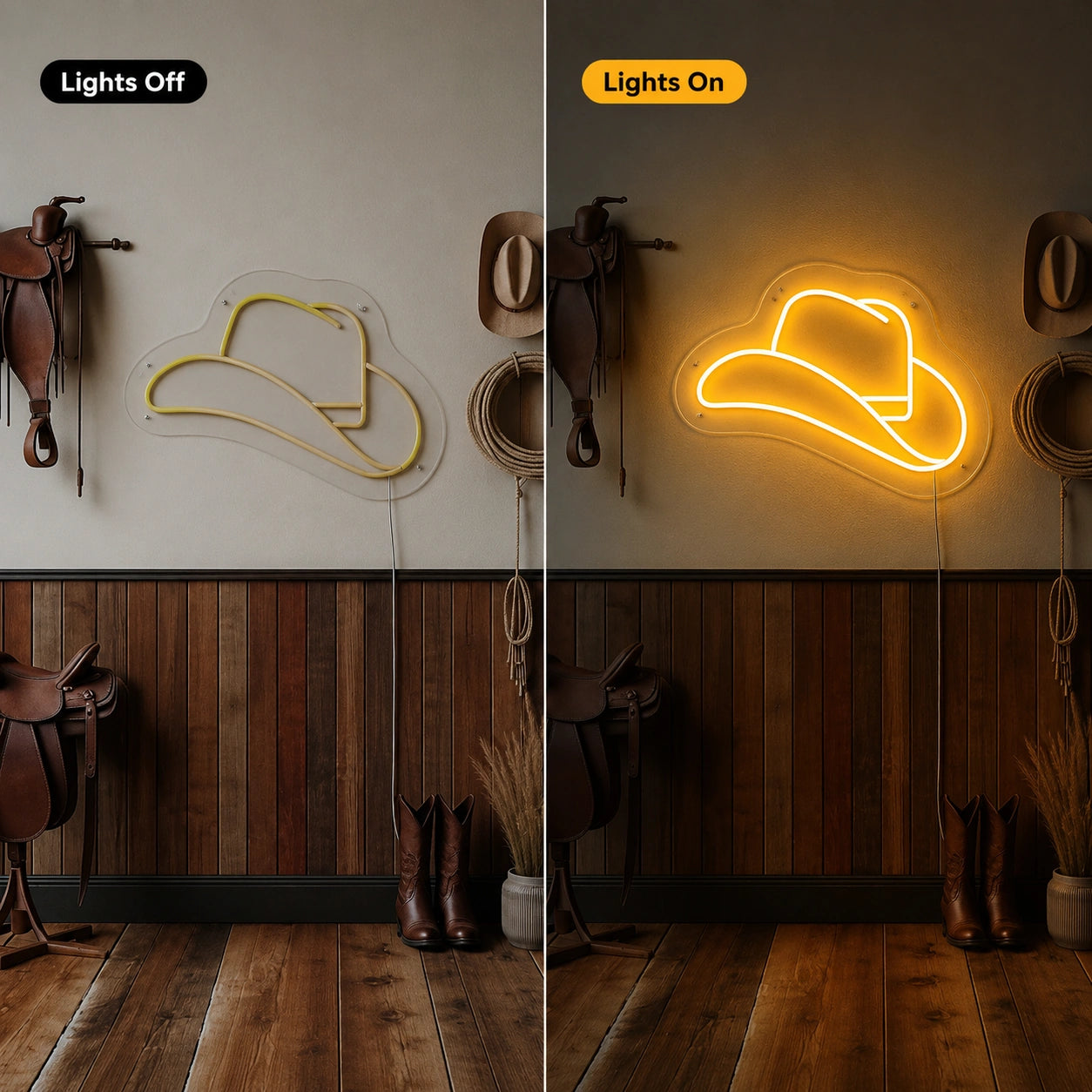 Golden Cowboy Hat Neon Sign LED Neon Sign day and night comparison