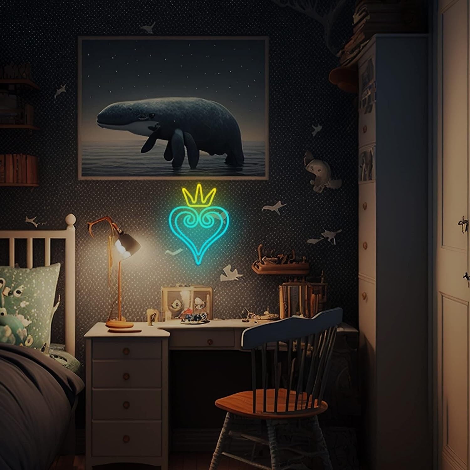 Golden Crown And Ice Blue Heart Princess Neon Sign Kids Room | Shineneon