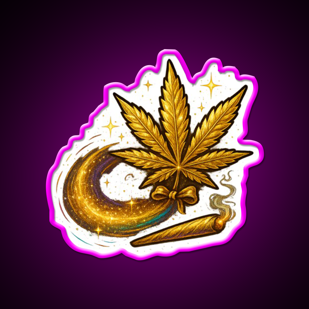 Golden Ganja Star As A Shooting Star Hemp Inspired Green Leaf Led Neon Sign Rgb Color - Neon sign mounted on wall in room