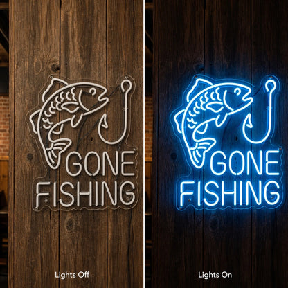Gone Fishing Text LED Neon Sign day and night comparison