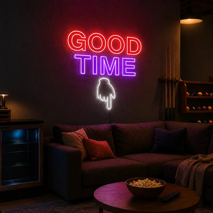 Good Time Pointing Hand LED Neon Sign size image