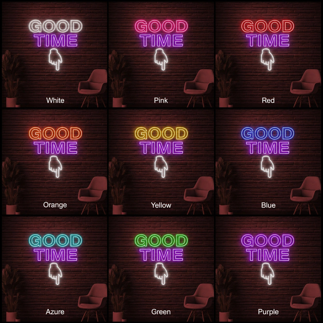 Good Time Pointing Hand LED Neon Sign day and night comparison