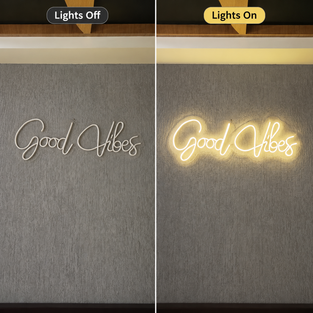 Good Vibes Cursive Wall Art LED Neon Sign - 06 Day Night Comparison