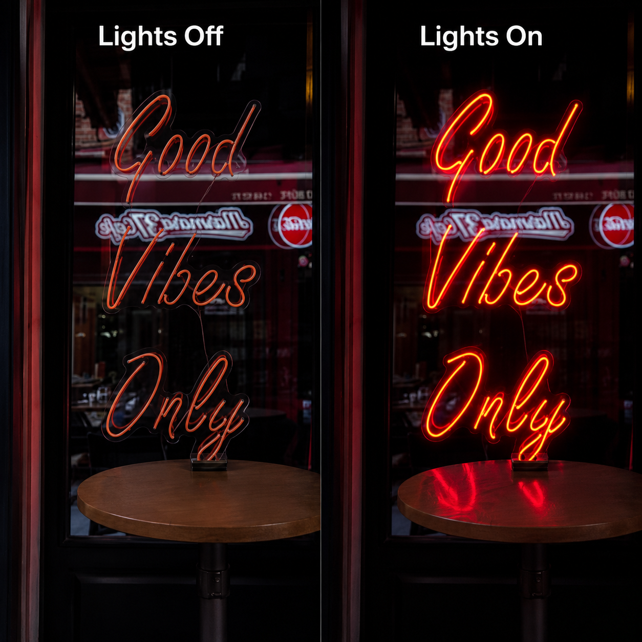 Good Vibes Mounted Wall Light LED Neon Sign - 06 Day Night Comparison