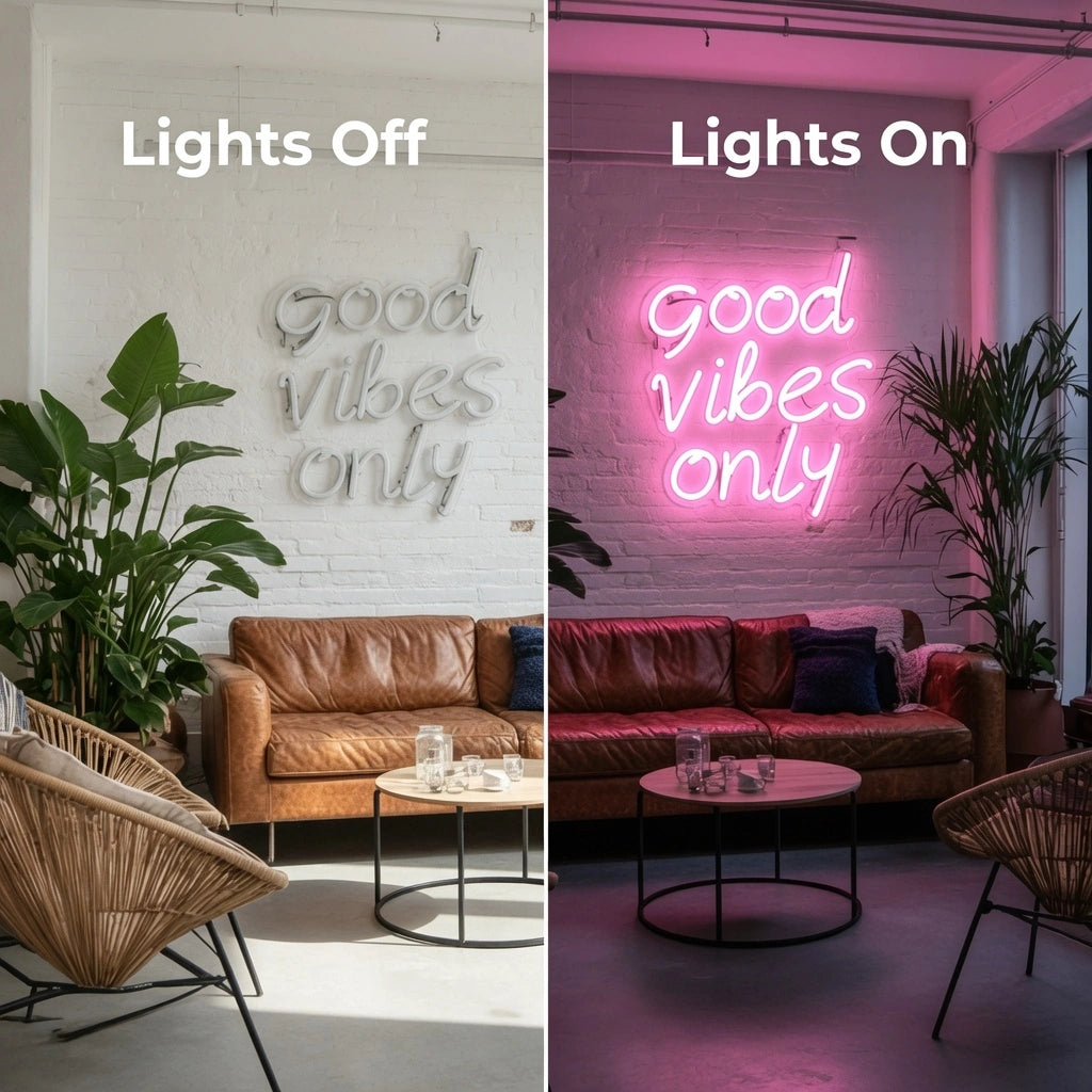 Good Vibes Only Bedroom Decor LED Neon Sign - 06 Day Night Comparison