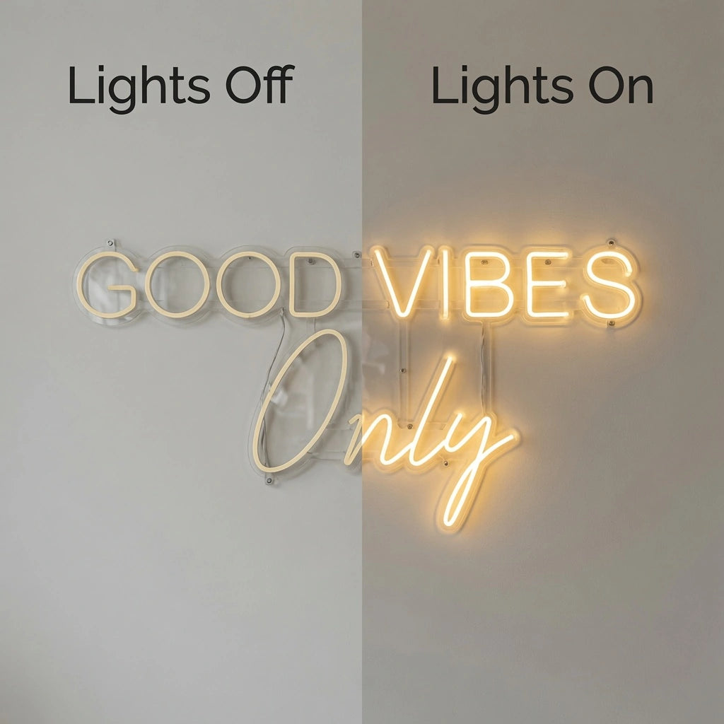 Good Vibes Only Business Wall Art LED Neon Sign - 06 Day Night Comparison
