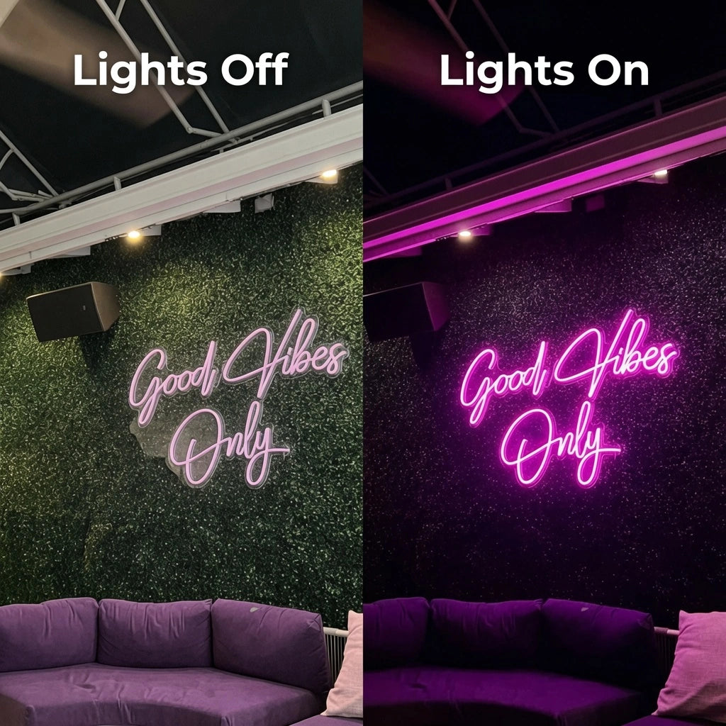 Good Vibes Only Business Wall Decor LED Neon Sign - 06 Day Night Comparison