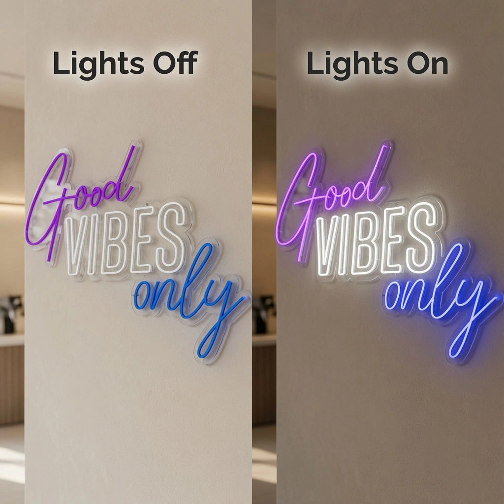 Good Vibes Only Coffee Shop Wall Decor LED Neon Sign - 06 Day Night Comparison