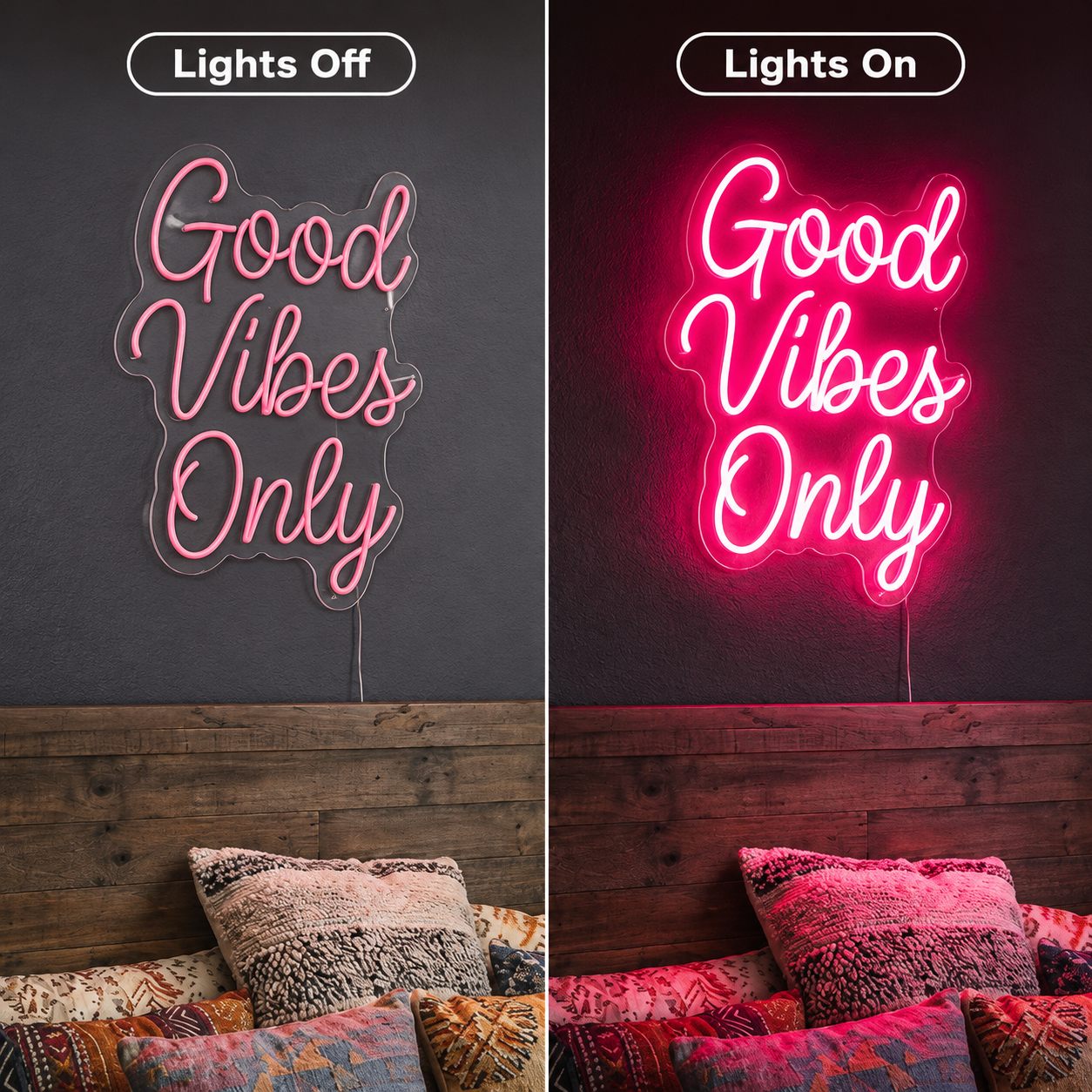Good Vibes Only Wall Decor Bedroom LED Neon Sign - 06 Day Night Comparison