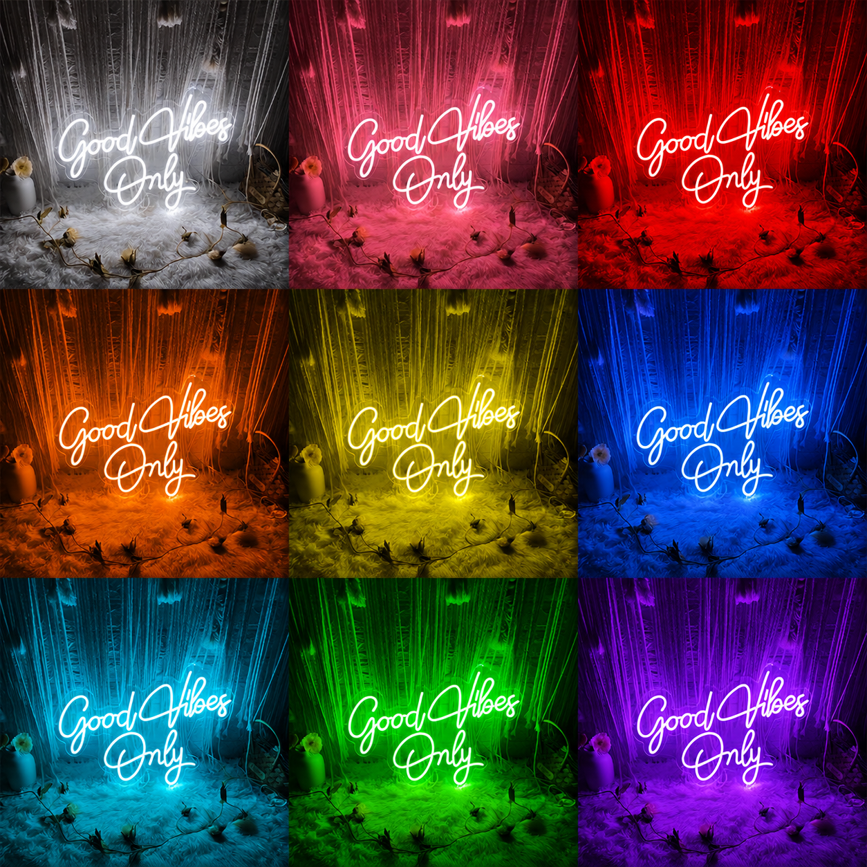 Good Vibes Script Bedroom Only LED Neon Sign color grid