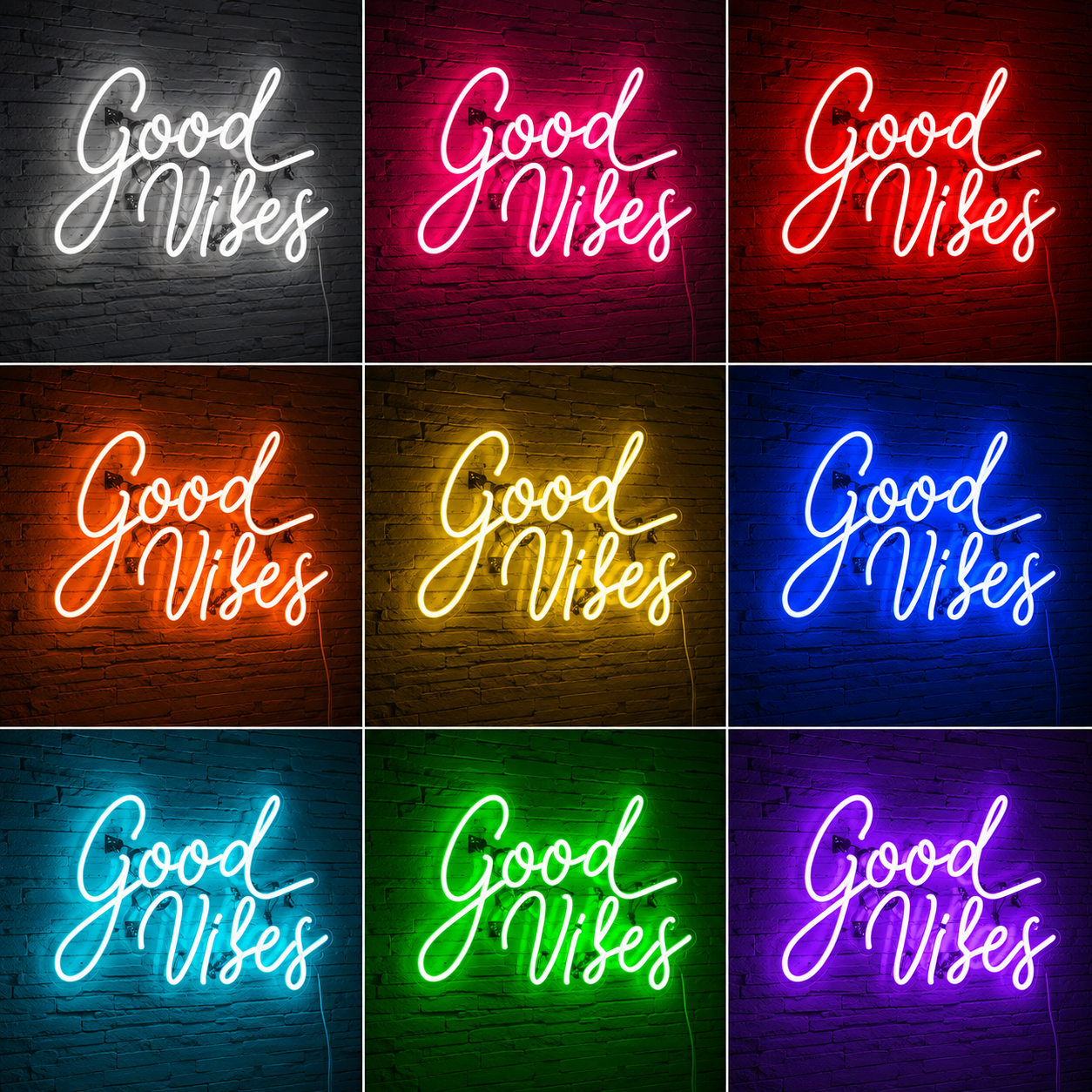 Good Vibes Script Bedroom Vertical LED Neon Sign Home Art color grid
