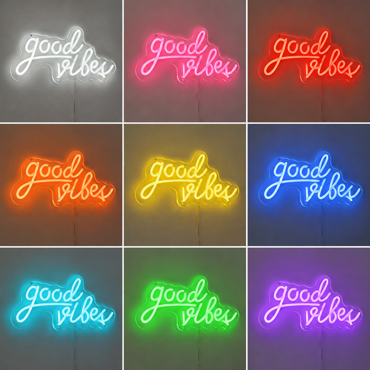 Good Vibes Script Bedroom White LED Neon Sign color grid