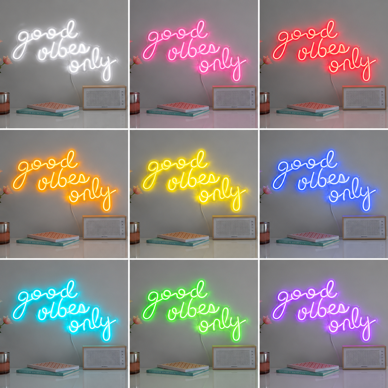 Good Vibes Script Home Lounge LED Neon Sign Wall Art color grid