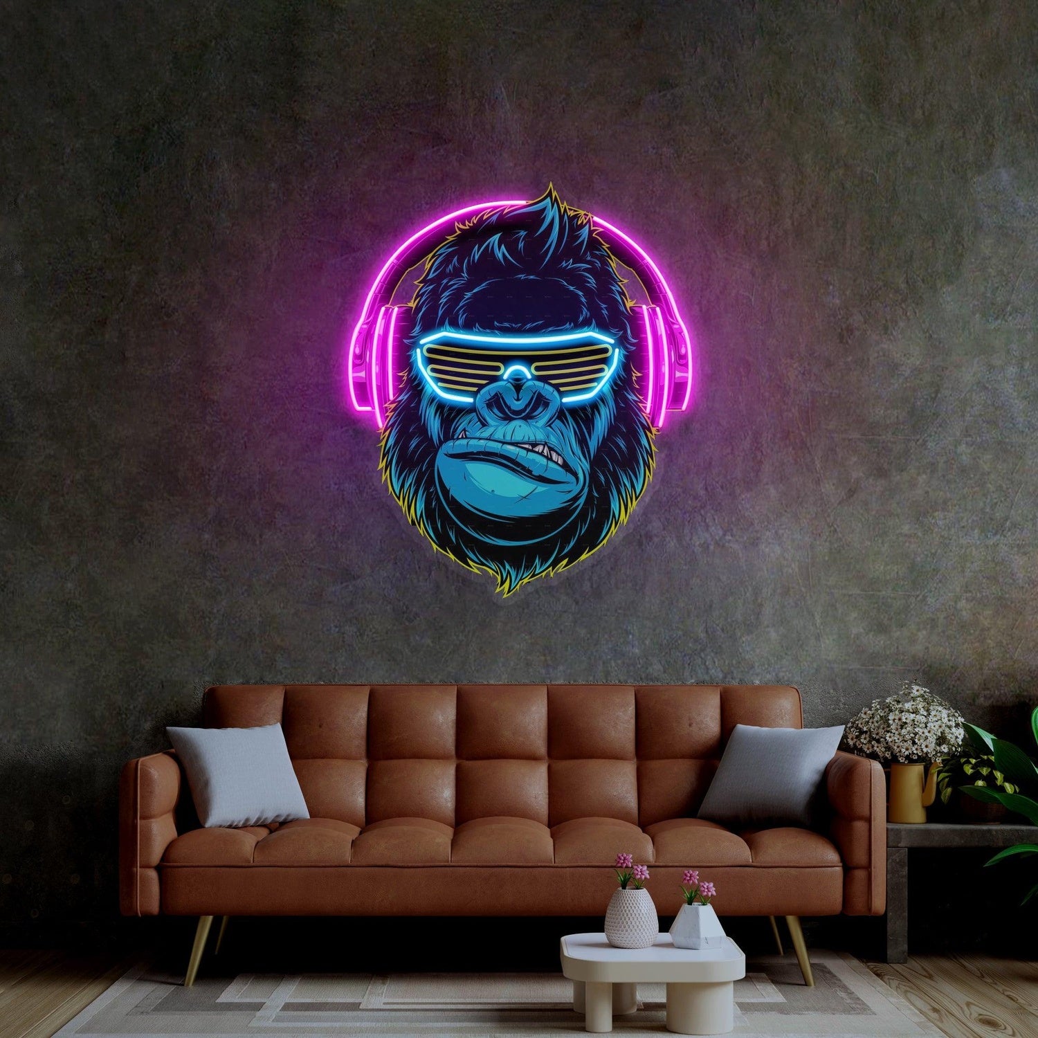 Gorilla With Headphones Tri-Color Uv Printed Led Neon Sign Indoor Wall Art Decor | Shineneon