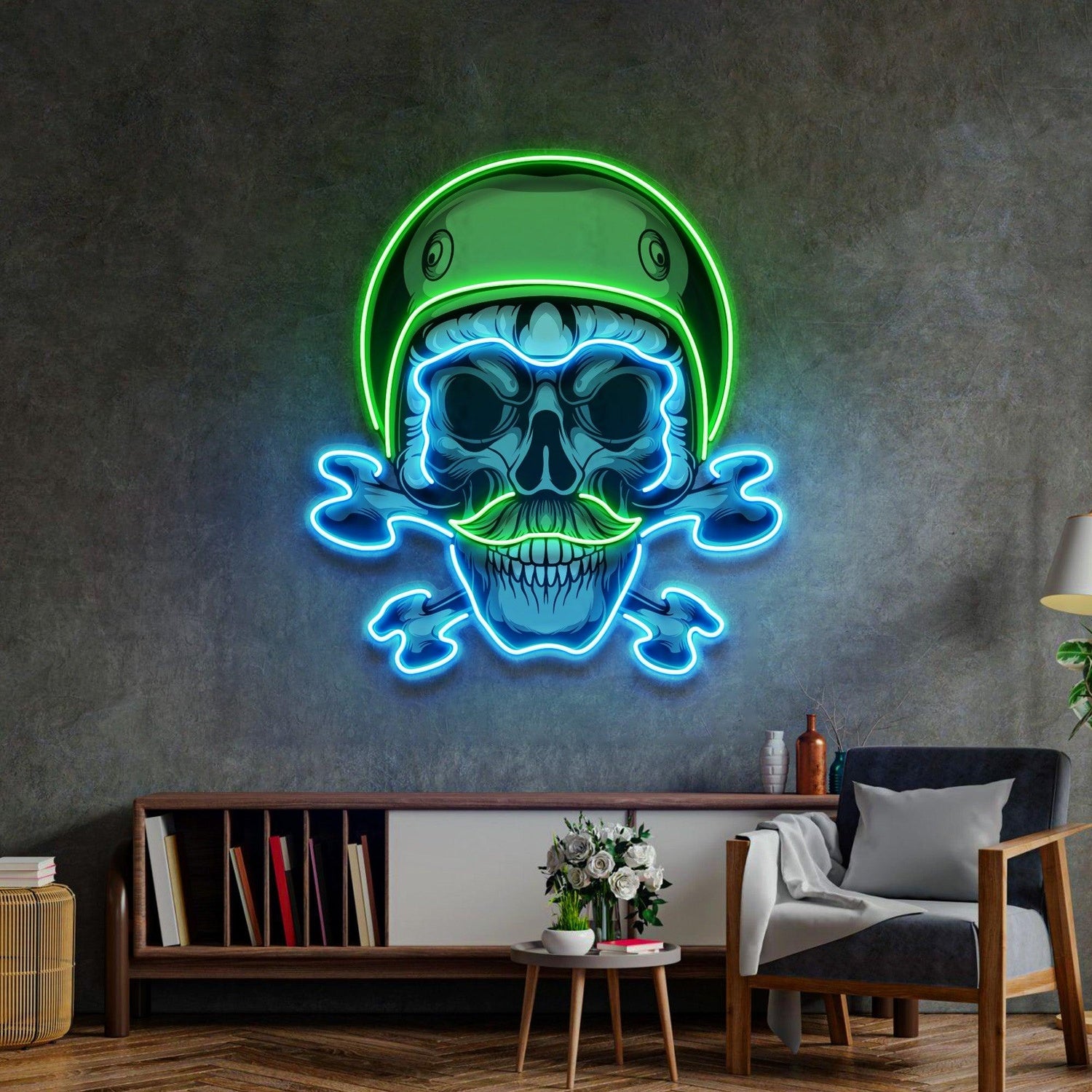 Green Biker Skull Uv Printed Led Neon Sign For Bar Home Decor | Shineneon